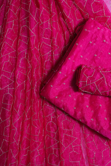 Fuchsia Organza with Cut Dana Beads Embroidery Unstitched Lehenga Set Fabric (3 Piece