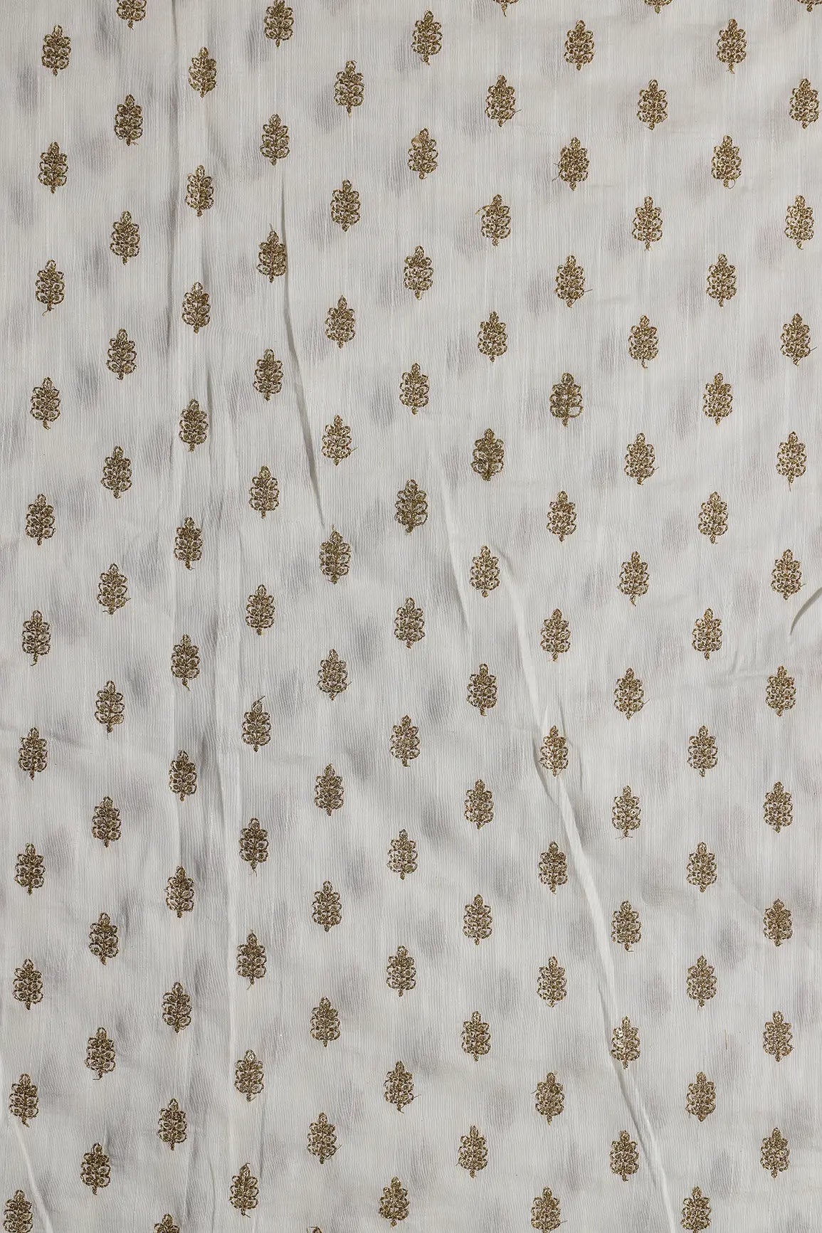 Gold Sequins With Gold Zari Small Motif Embroidery Work On White Raw Silk Fabric