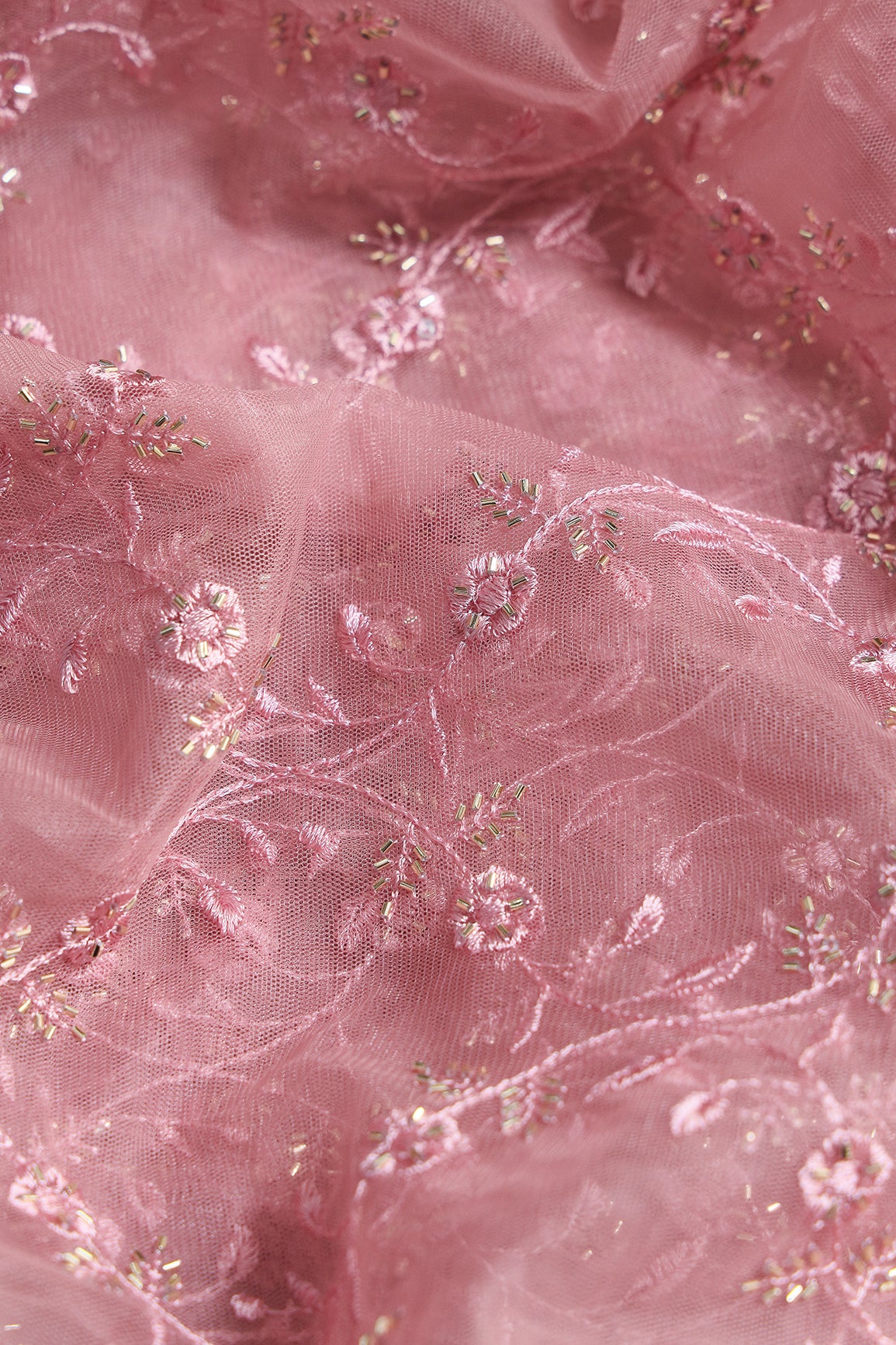 Dusty Pink Thread With Beads Floral Leafy Embroidery Work On Dusty Pink Soft Net Fabric