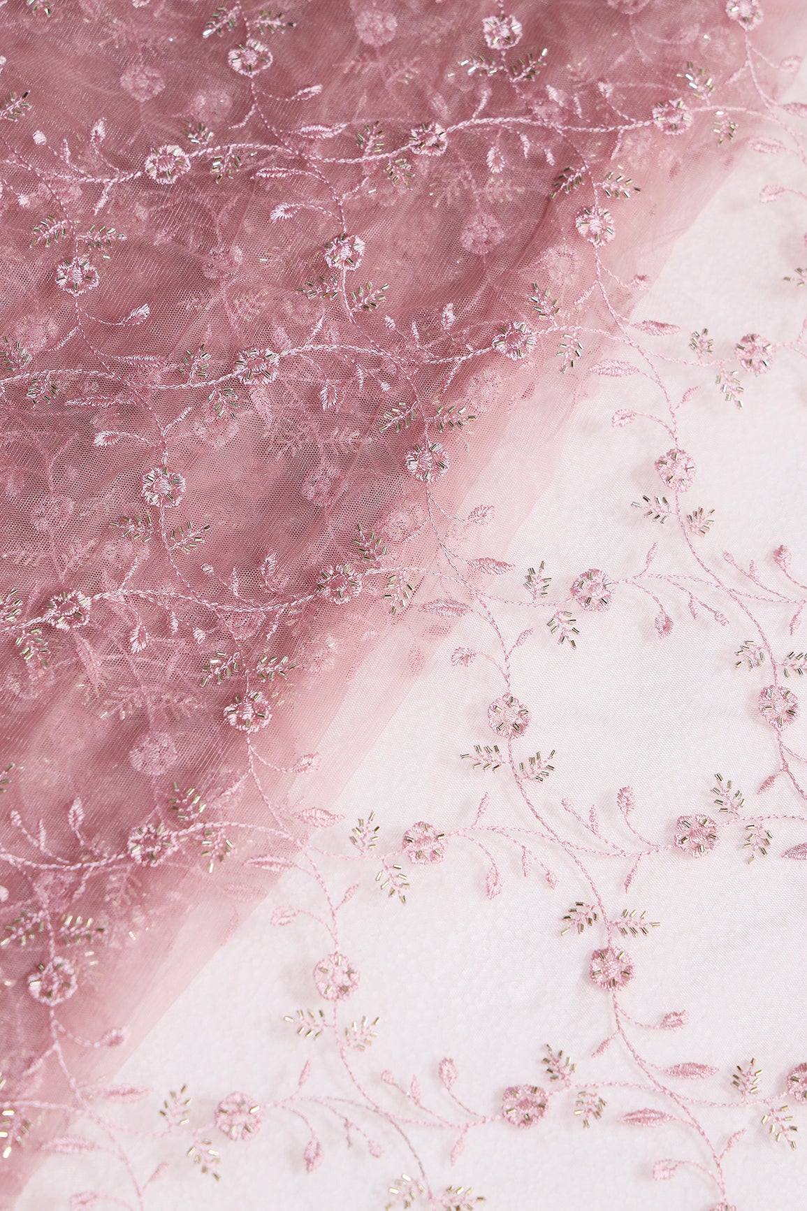 Dusty Pink Thread With Beads Floral Leafy Embroidery Work On Dusty Pink Soft Net Fabric