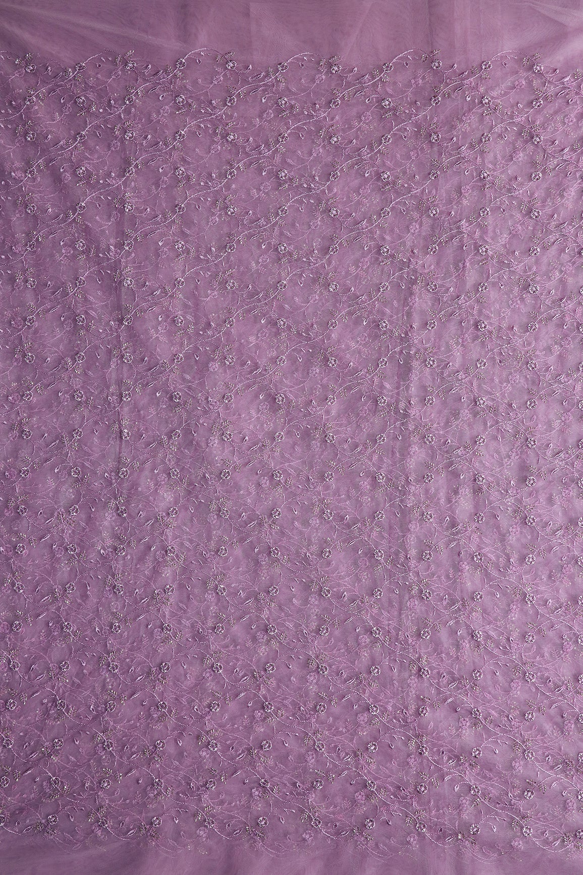 Lavender Thread With Beads Floral Leafy Embroidery Work On Lavender Soft Net Fabric