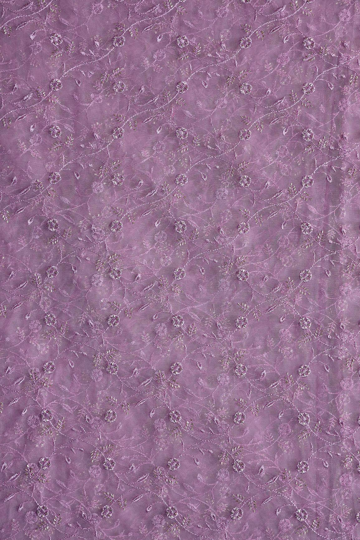 Lavender Thread With Beads Floral Leafy Embroidery Work On Lavender Soft Net Fabric