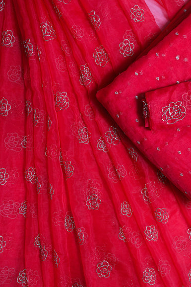 Floral Embroidery Red Organza Unstitched  Lehenga Set Fabric (3 Piece)