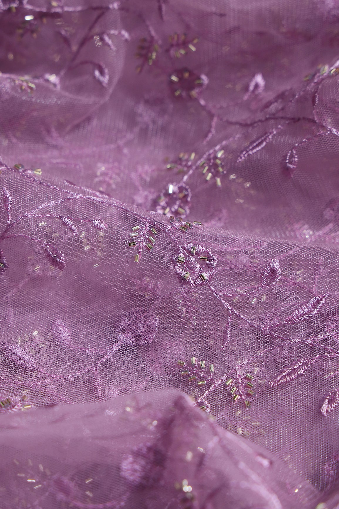 Lavender Thread With Beads Floral Leafy Embroidery Work On Lavender Soft Net Fabric