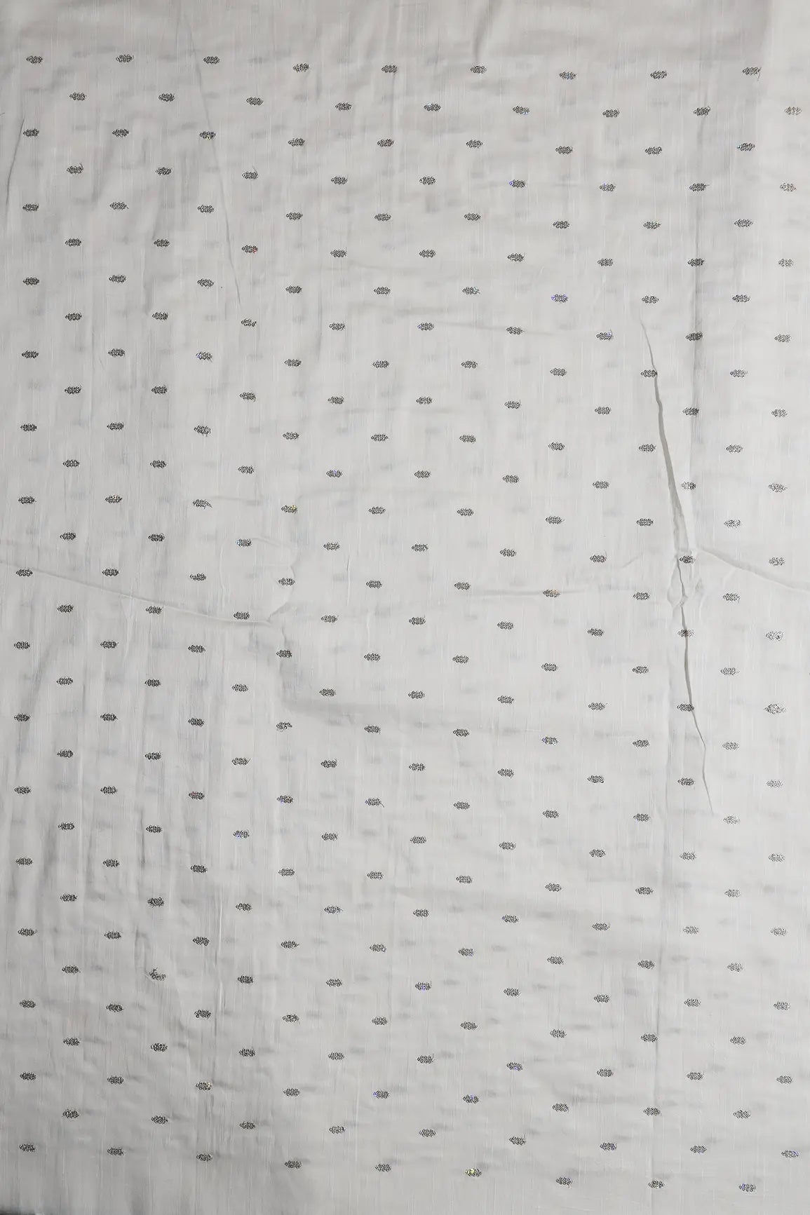 Silver Sequins With Gold Zari Small Motif Embroidery Work On White Raw Silk Fabric