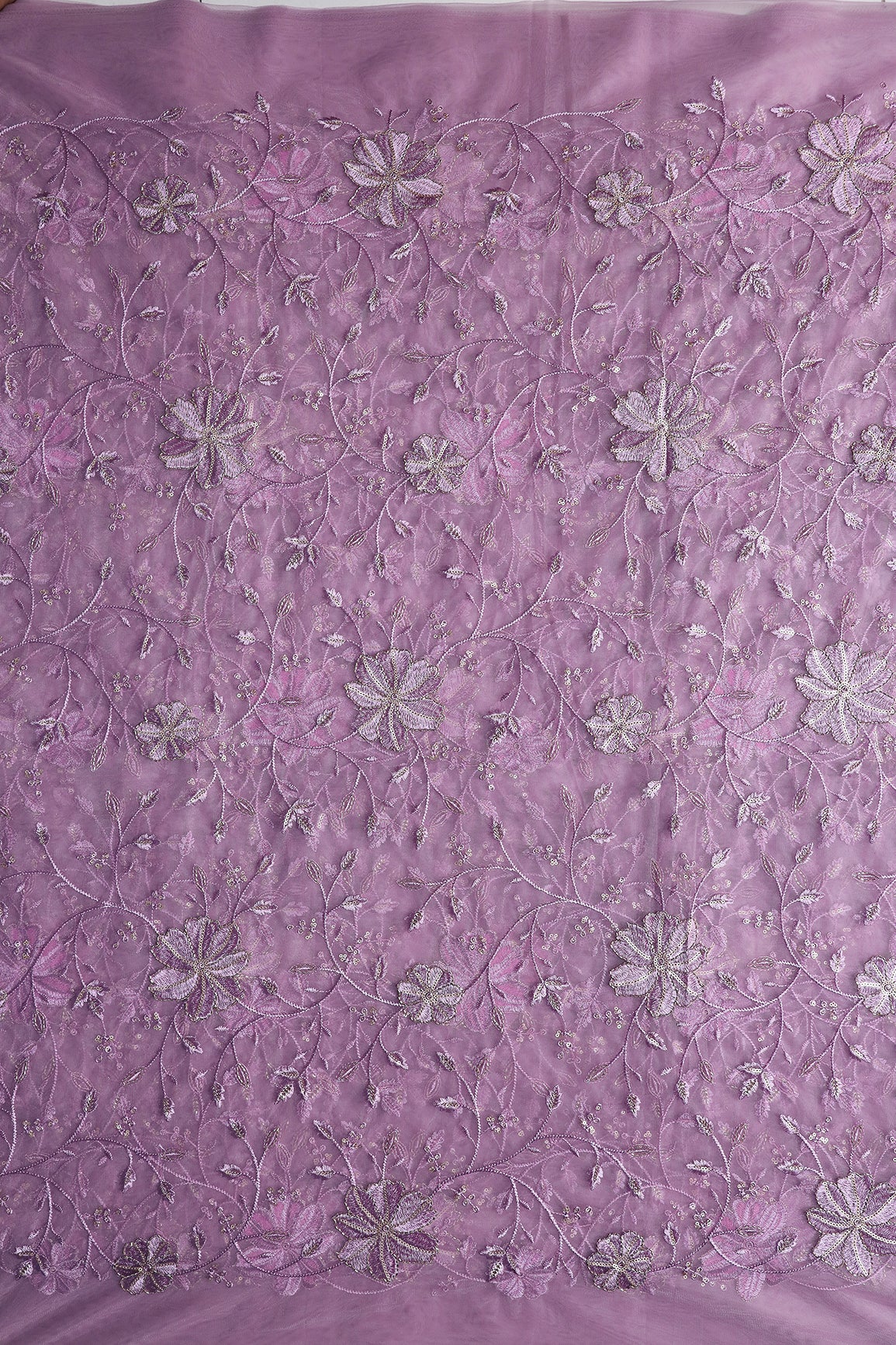 Lavender Thread & Beads With Gold Sequins Floral Leafy Embroidery Work On Lavender Soft Net Fabric