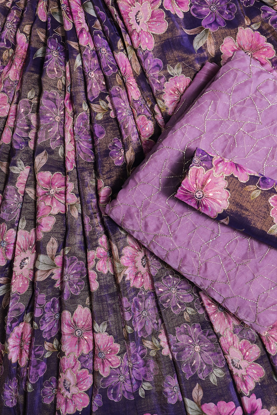 Floral Print On Viscose Zari Tissue  Unstitched Lehenga Set Fabric (3 Piece)