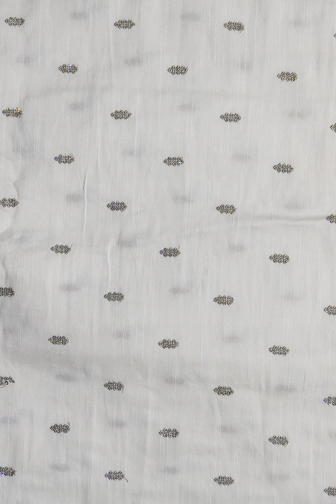 Silver Sequins With Gold Zari Small Motif Embroidery Work On White Raw Silk Fabric