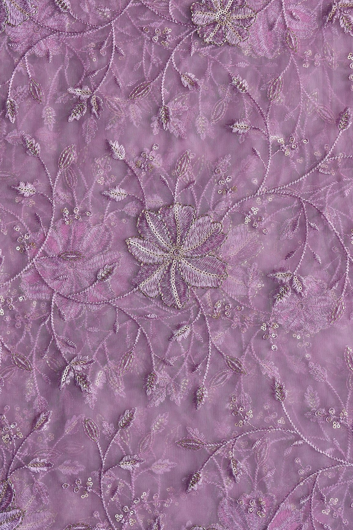 Lavender Thread & Beads With Gold Sequins Floral Leafy Embroidery Work On Lavender Soft Net Fabric