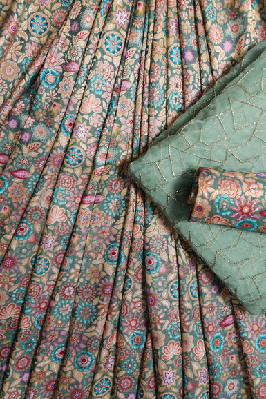 Floral Print On Olive Viscose Dola Silk Jacquard Fabric Unstitched Lehenga Set (3 Piece)