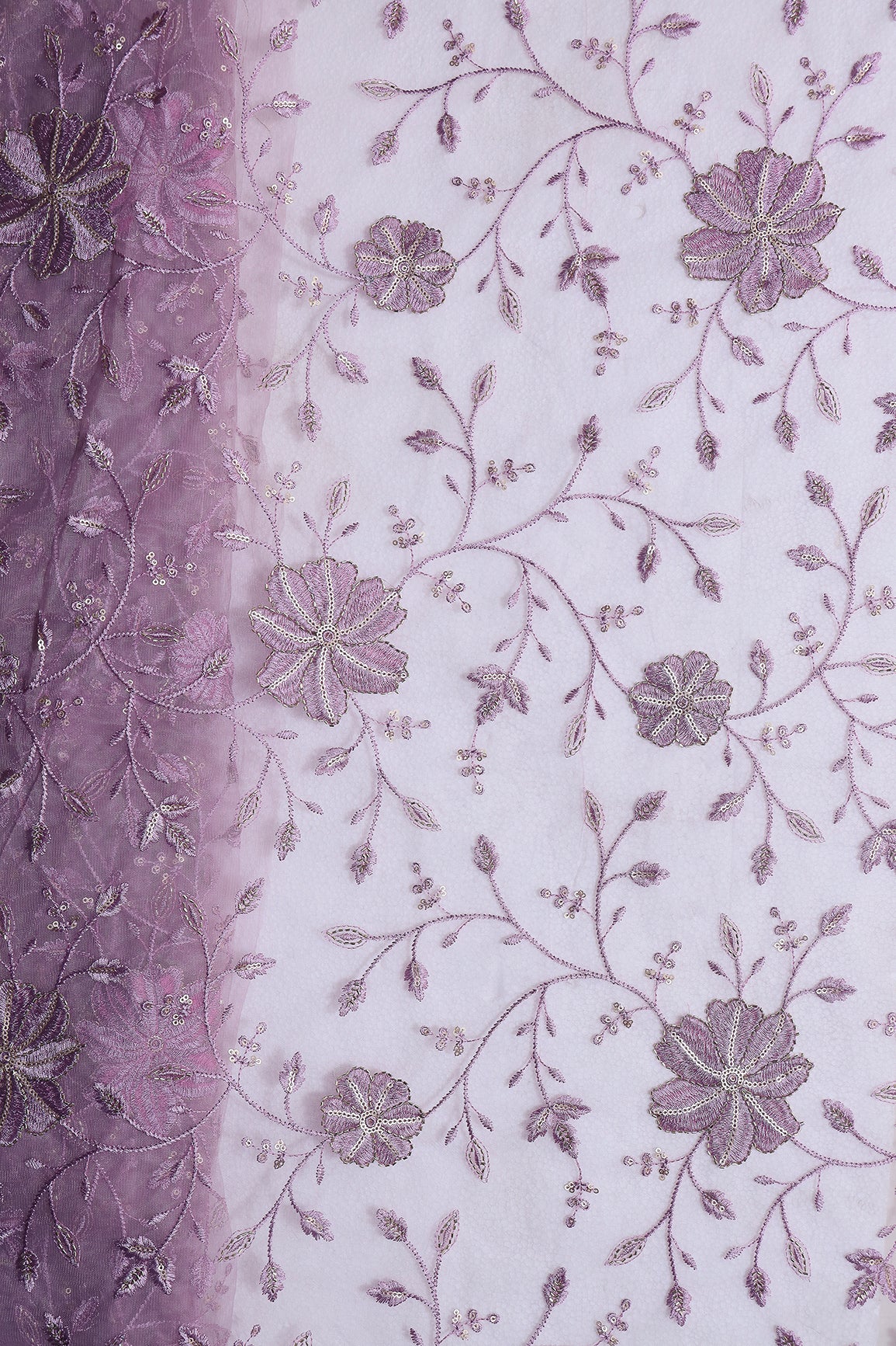 Lavender Thread & Beads With Gold Sequins Floral Leafy Embroidery Work On Lavender Soft Net Fabric