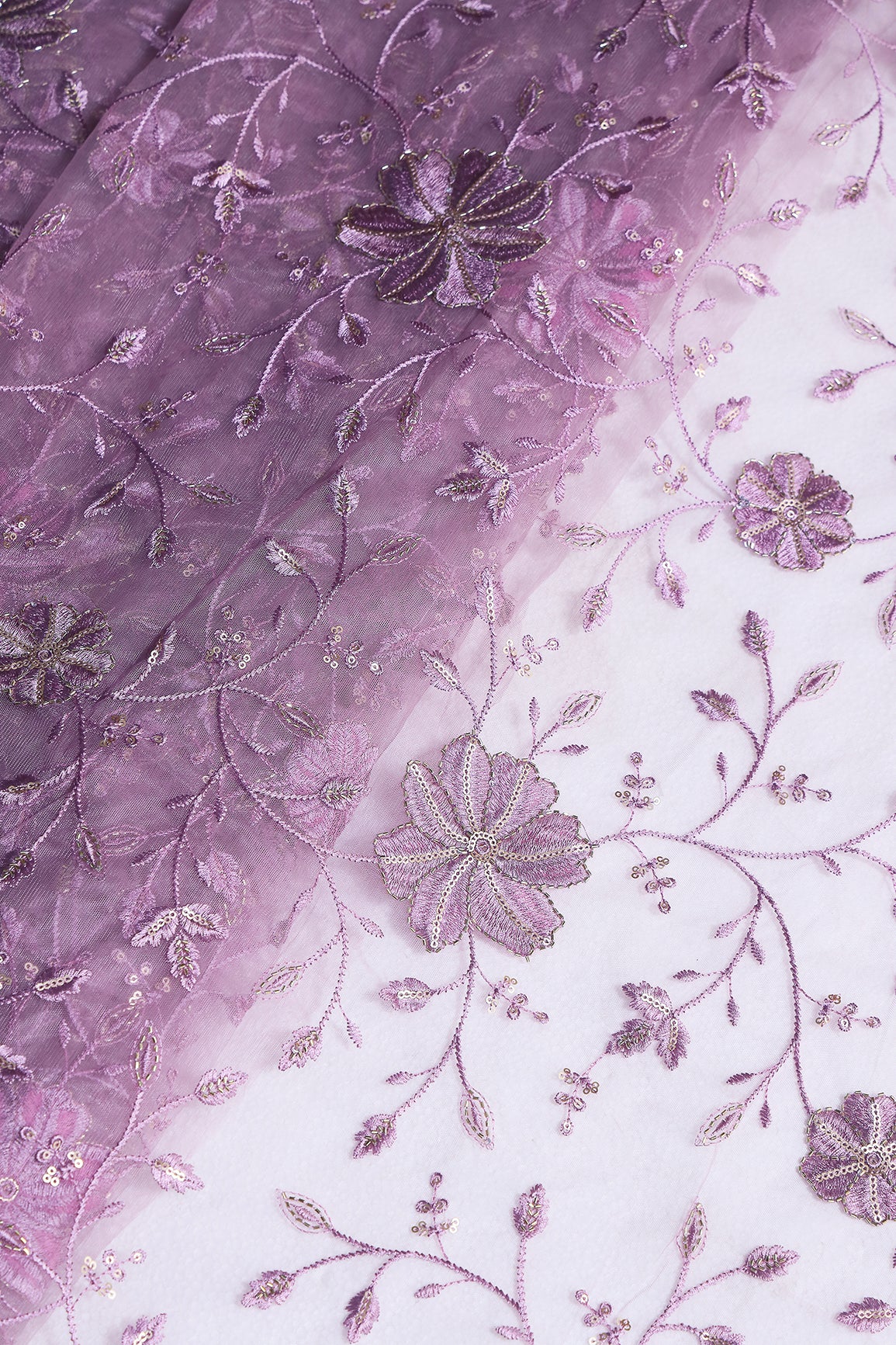 Lavender Thread & Beads With Gold Sequins Floral Leafy Embroidery Work On Lavender Soft Net Fabric