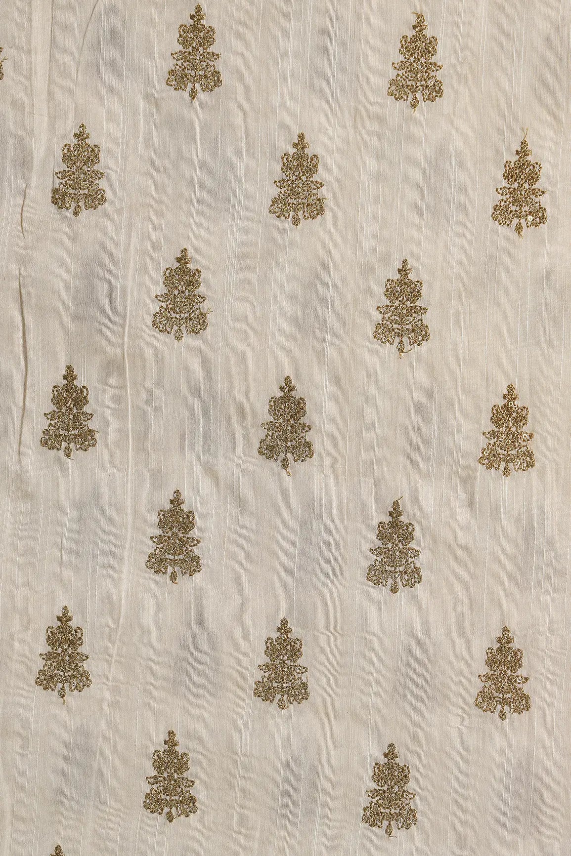 Gold Sequins With Gold Zari Big Motif Embroidery Work On Cream Raw Silk Fabric