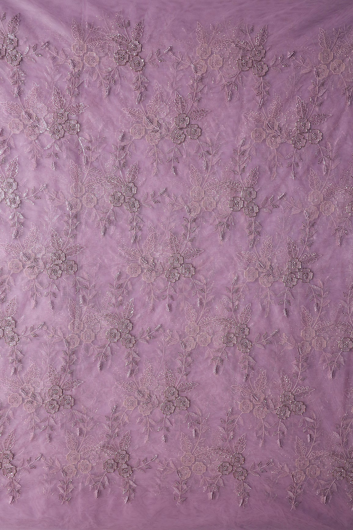 Light Purple Thread & Beads With Water Sequins Floral Embroidery Work On Light Purple Soft Net Fabric