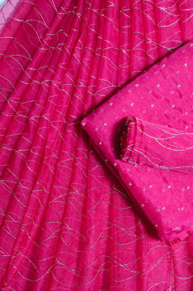 Fuchsia Cut Dana Beads Wavy Embroidery Unstitched Lehenga Set Fabric (3 Piece )