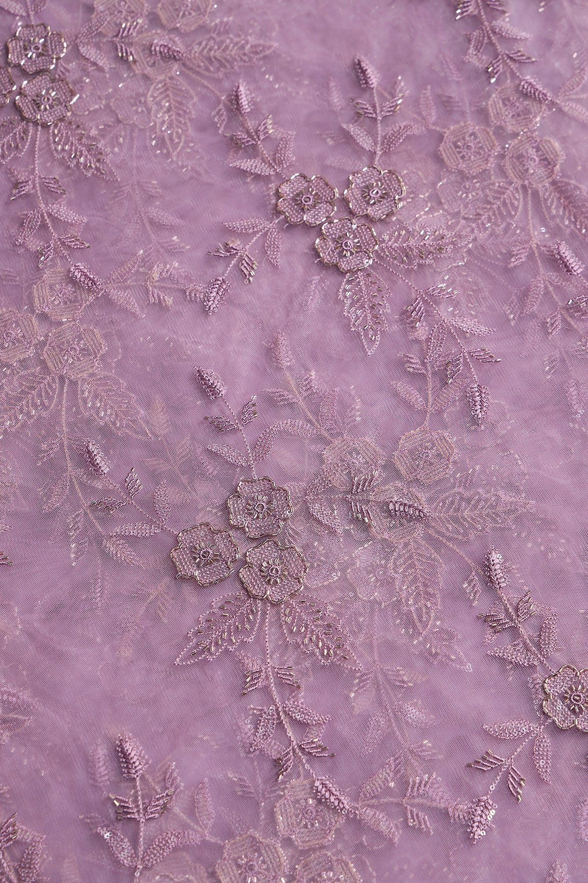 Light Purple Thread & Beads With Water Sequins Floral Embroidery Work On Light Purple Soft Net Fabric