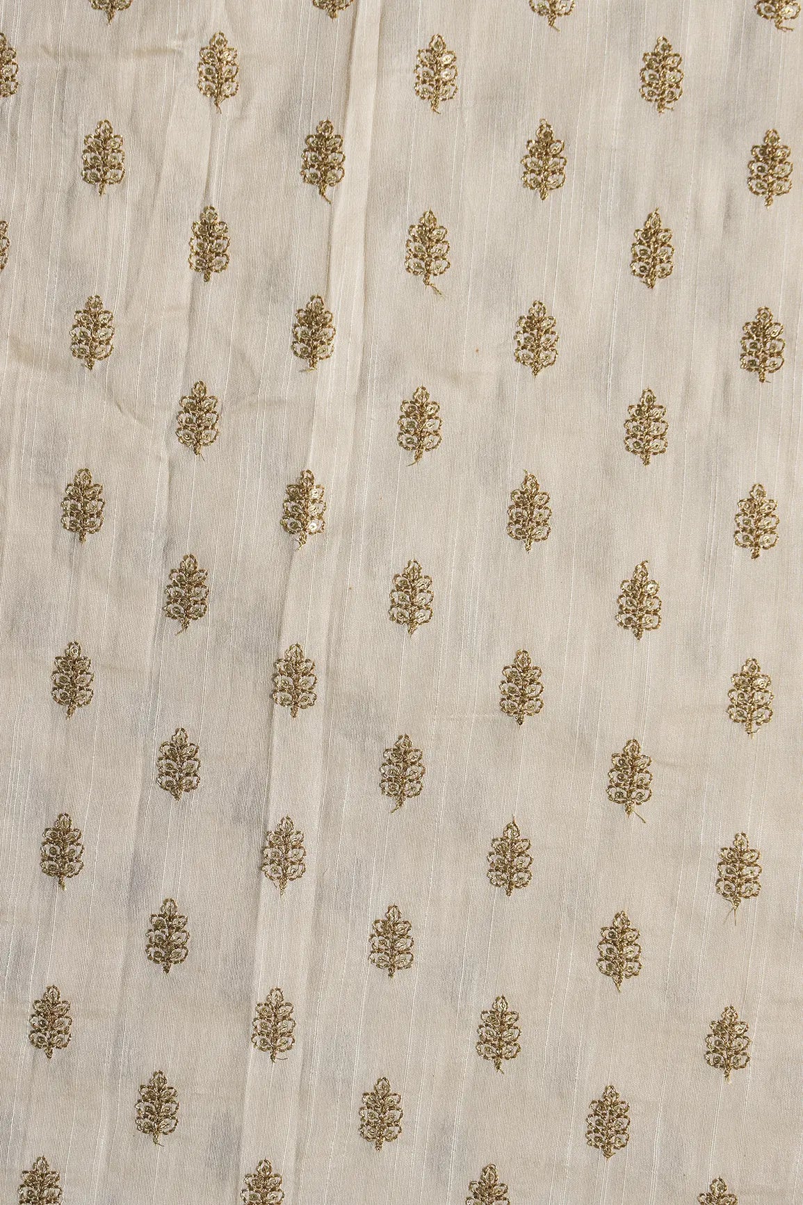 Gold Sequins With Gold Zari Small Motif Embroidery Work On Cream Raw Silk Fabric