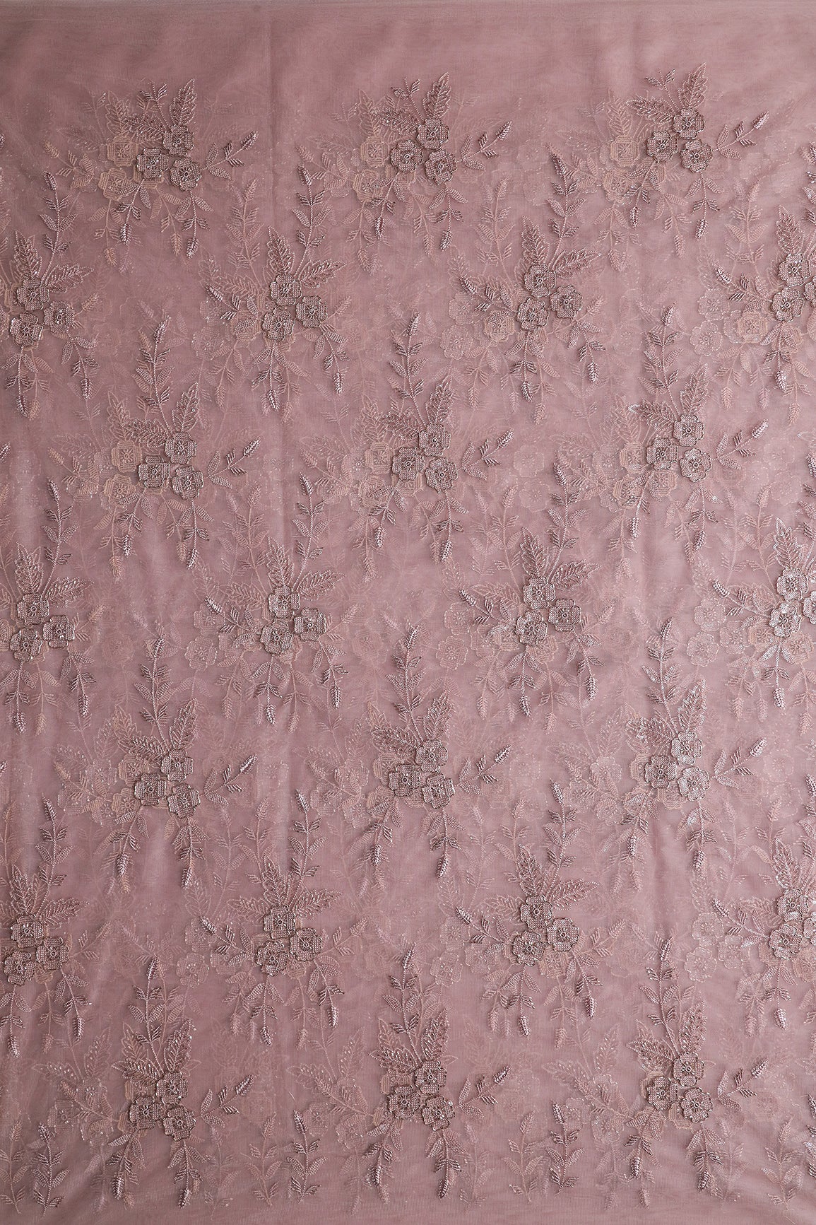 Mauve Thread & Beads With Water Sequins Floral Embroidery Work On Mauve Soft Net Fabric