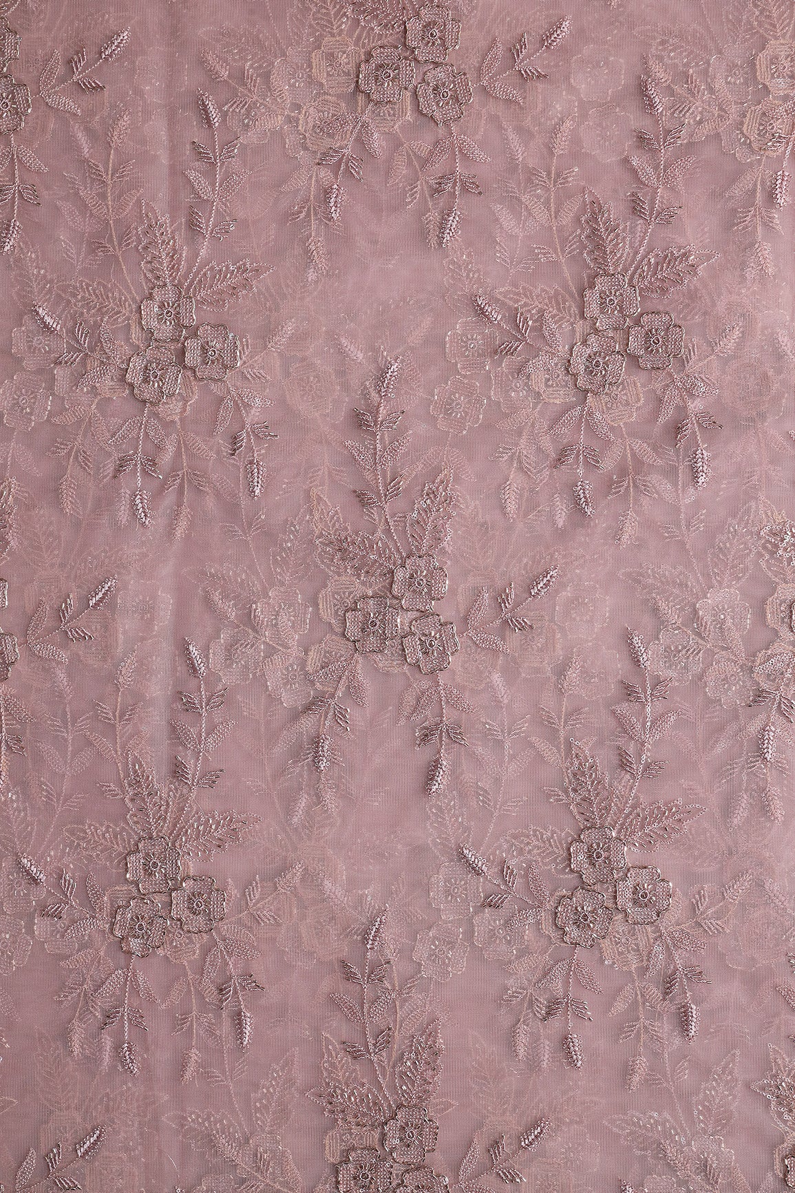 Mauve Thread & Beads With Water Sequins Floral Embroidery Work On Mauve Soft Net Fabric