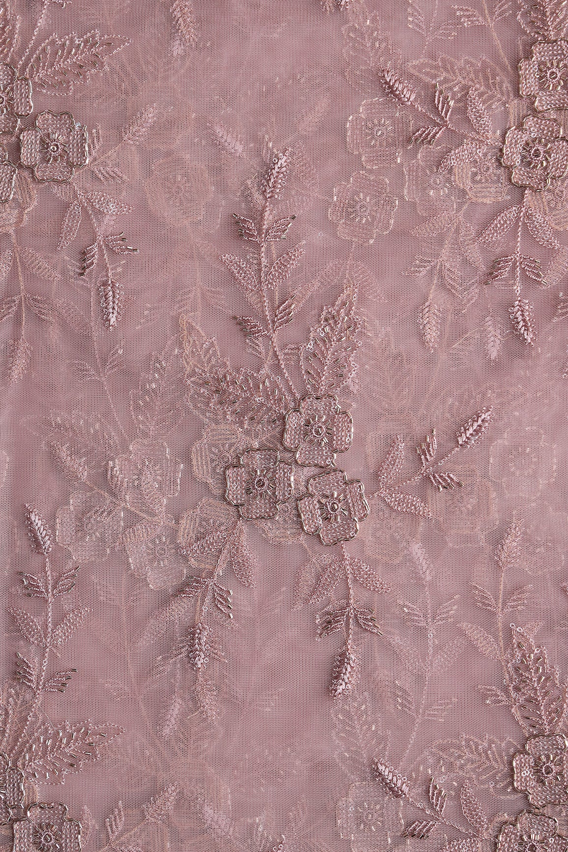Mauve Thread & Beads With Water Sequins Floral Embroidery Work On Mauve Soft Net Fabric