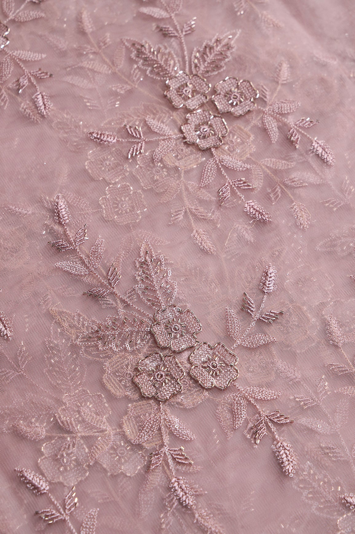 Mauve Thread & Beads With Water Sequins Floral Embroidery Work On Mauve Soft Net Fabric