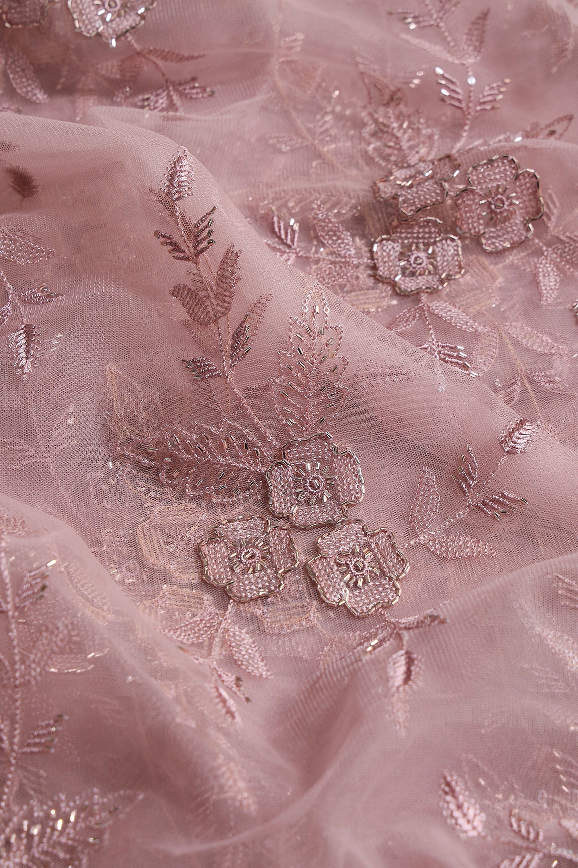 Mauve Thread & Beads With Water Sequins Floral Embroidery Work On Mauve Soft Net Fabric