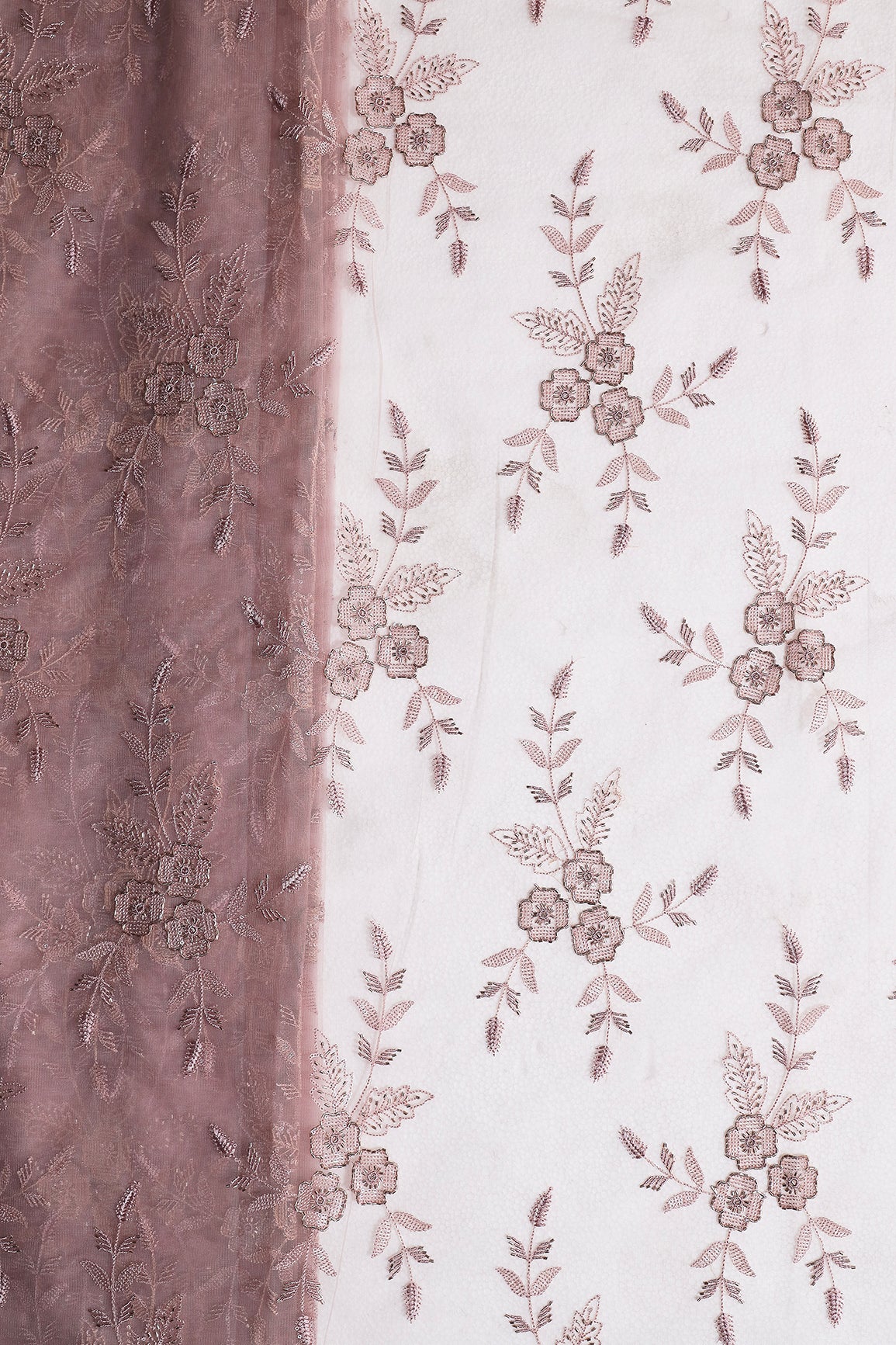 Mauve Thread & Beads With Water Sequins Floral Embroidery Work On Mauve Soft Net Fabric