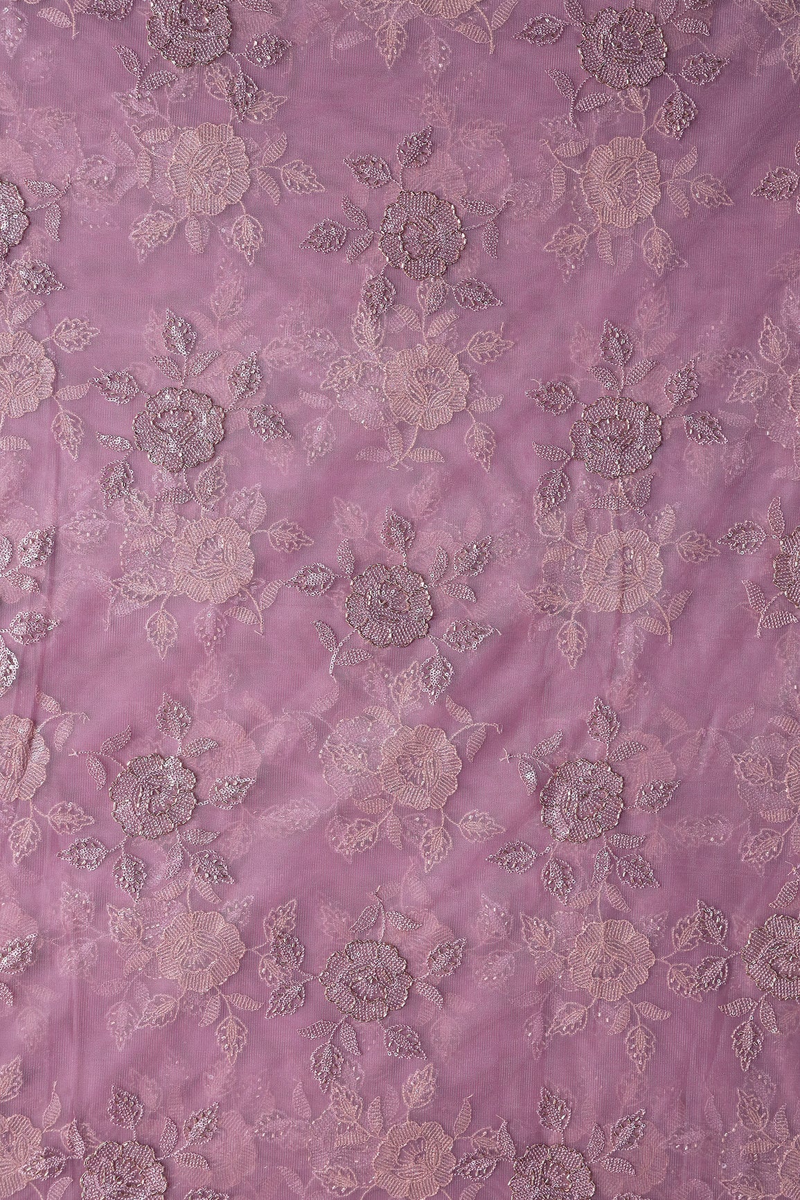 Lavender Thread & Beads With Water Sequins Floral Embroidery Work On Lavender Soft Net Fabric