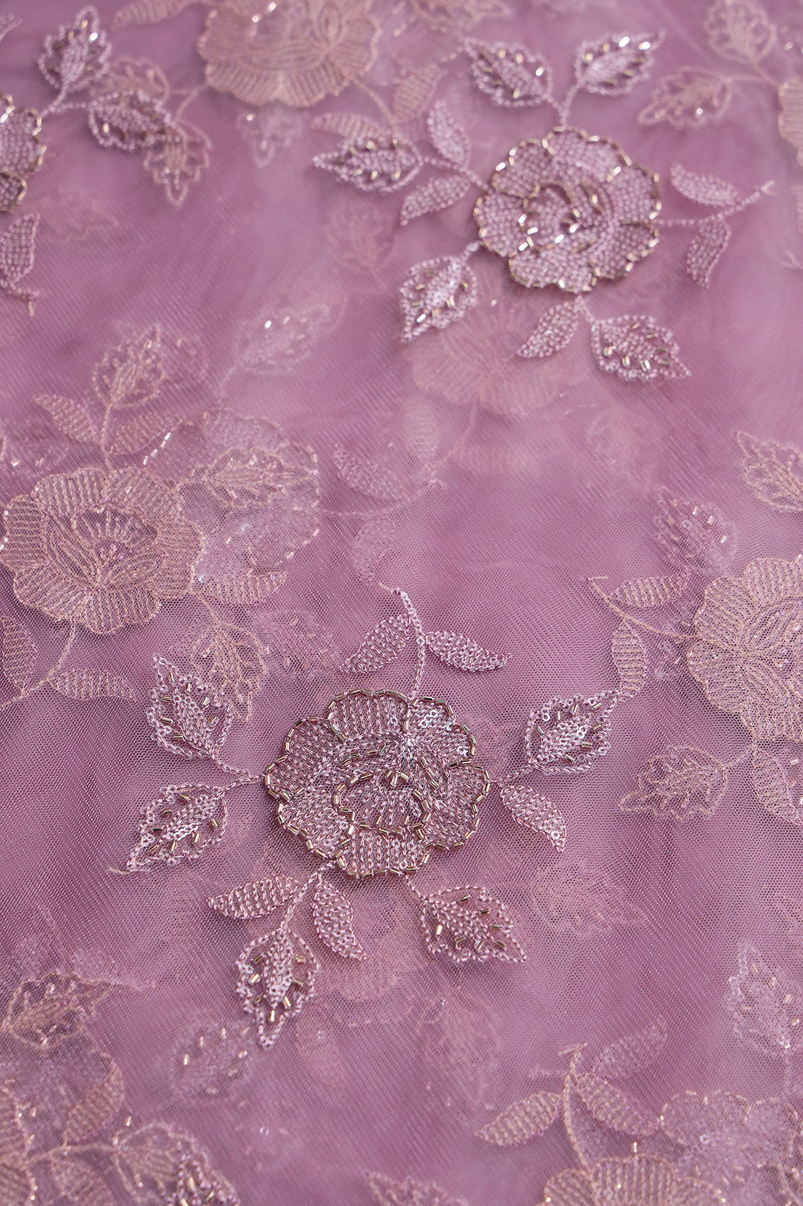 Lavender Thread & Beads With Water Sequins Floral Embroidery Work On Lavender Soft Net Fabric