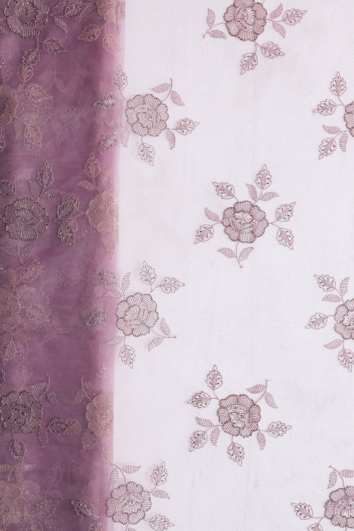 Lavender Thread & Beads With Water Sequins Floral Embroidery Work On Lavender Soft Net Fabric