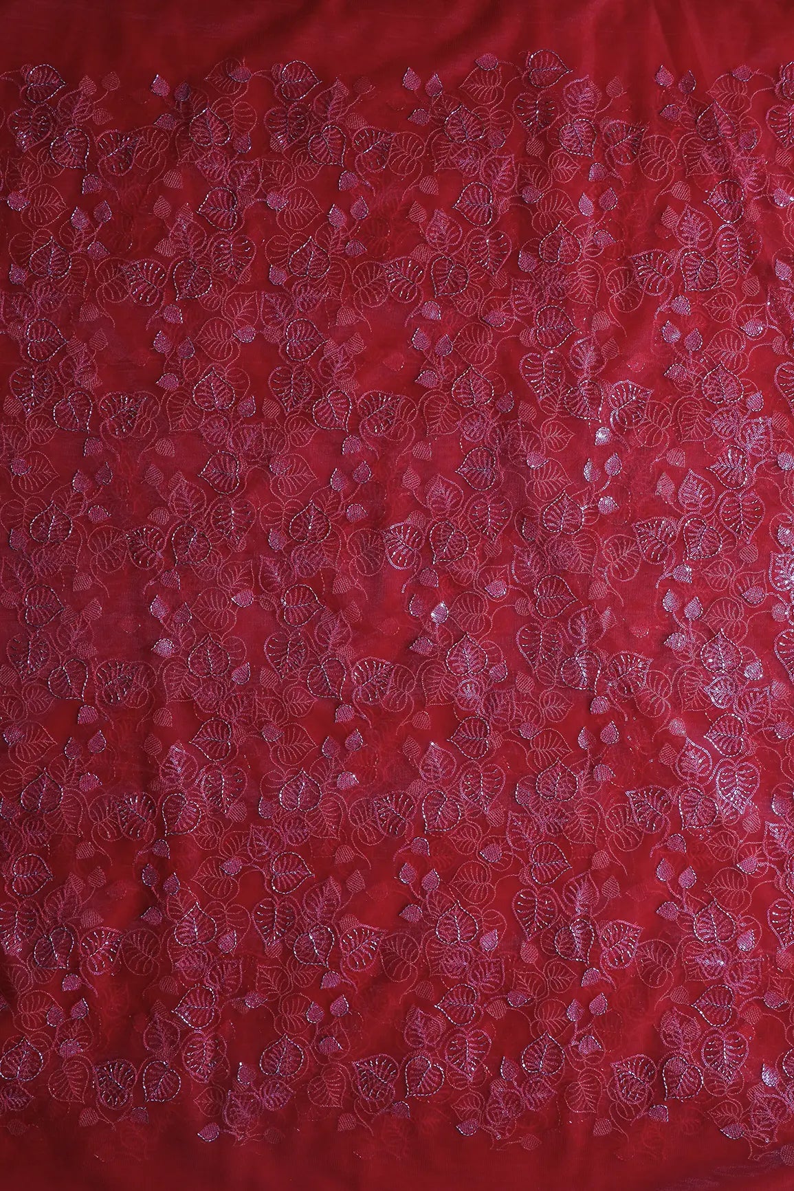 Red Thread & Gold Beads With Water Sequins Floral Embroidery On Red Soft Net Fabric