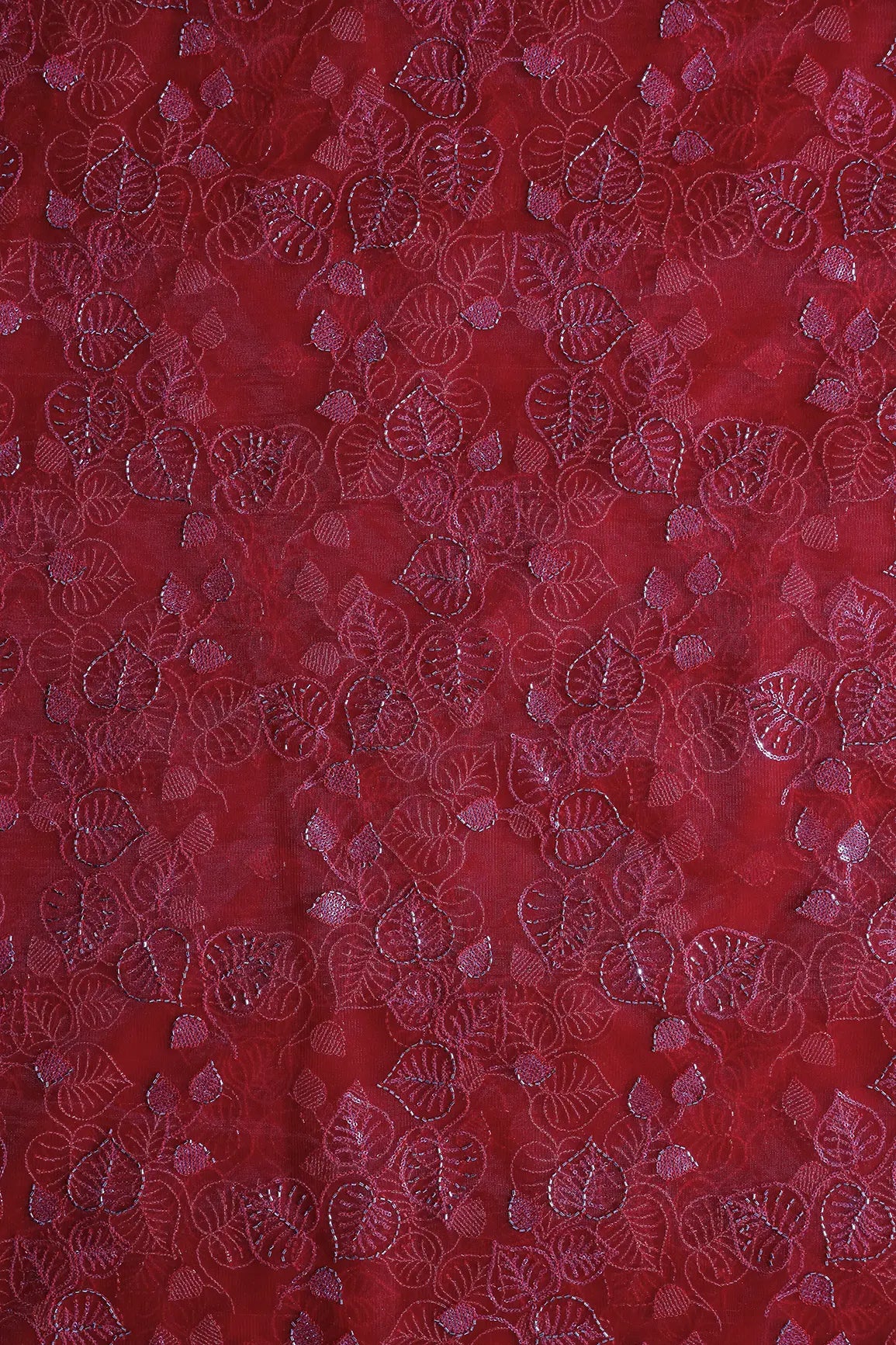 Red Thread & Gold Beads With Water Sequins Floral Embroidery On Red Soft Net Fabric