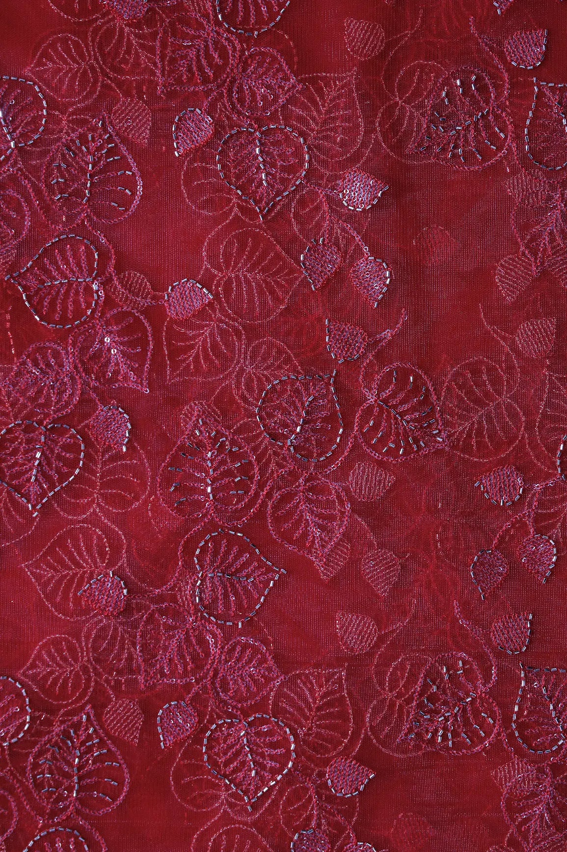 Red Thread & Gold Beads With Water Sequins Floral Embroidery On Red Soft Net Fabric