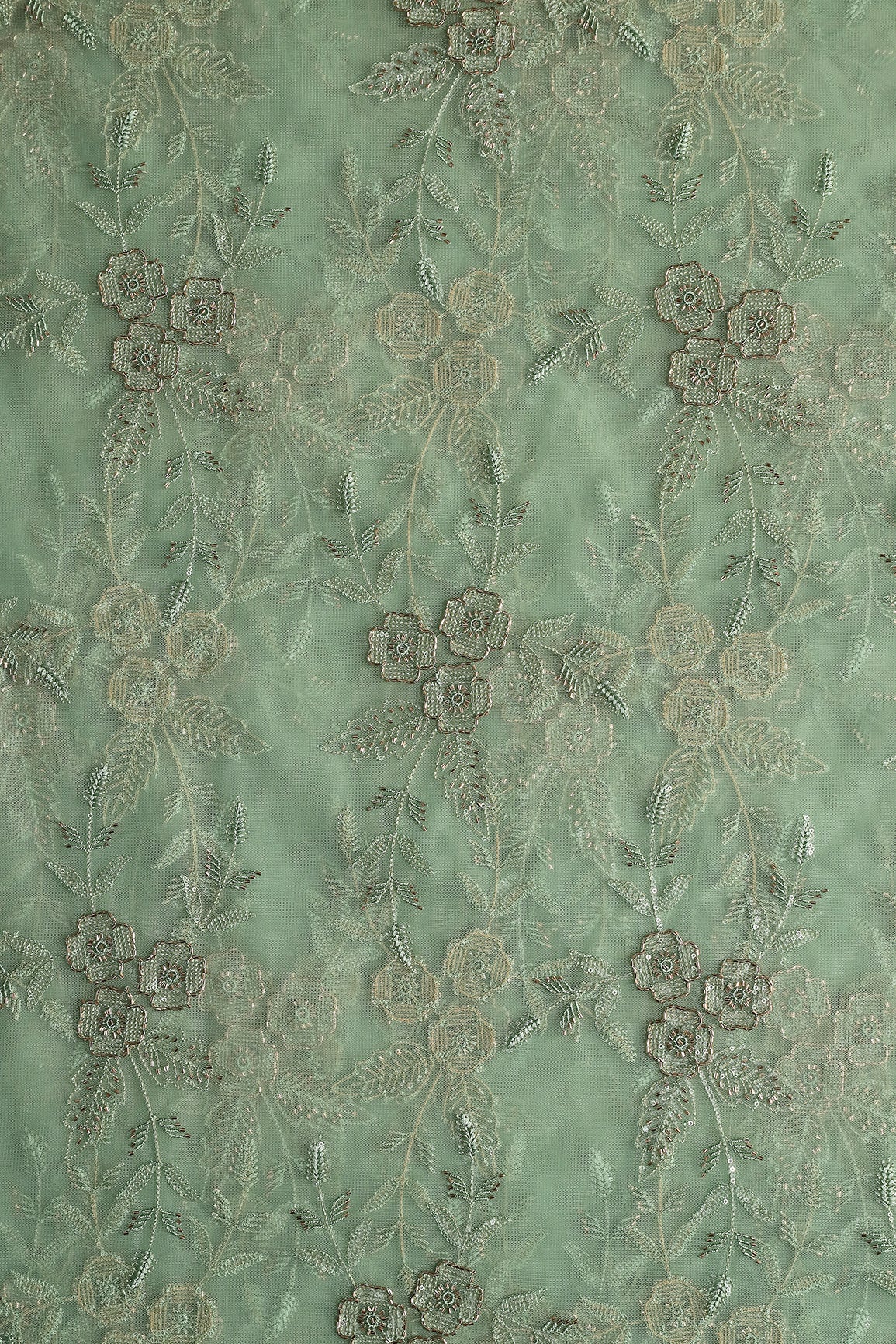 Olive Thread & Beads With Water Sequins Floral Embroidery Work On Olive Soft Net Fabric