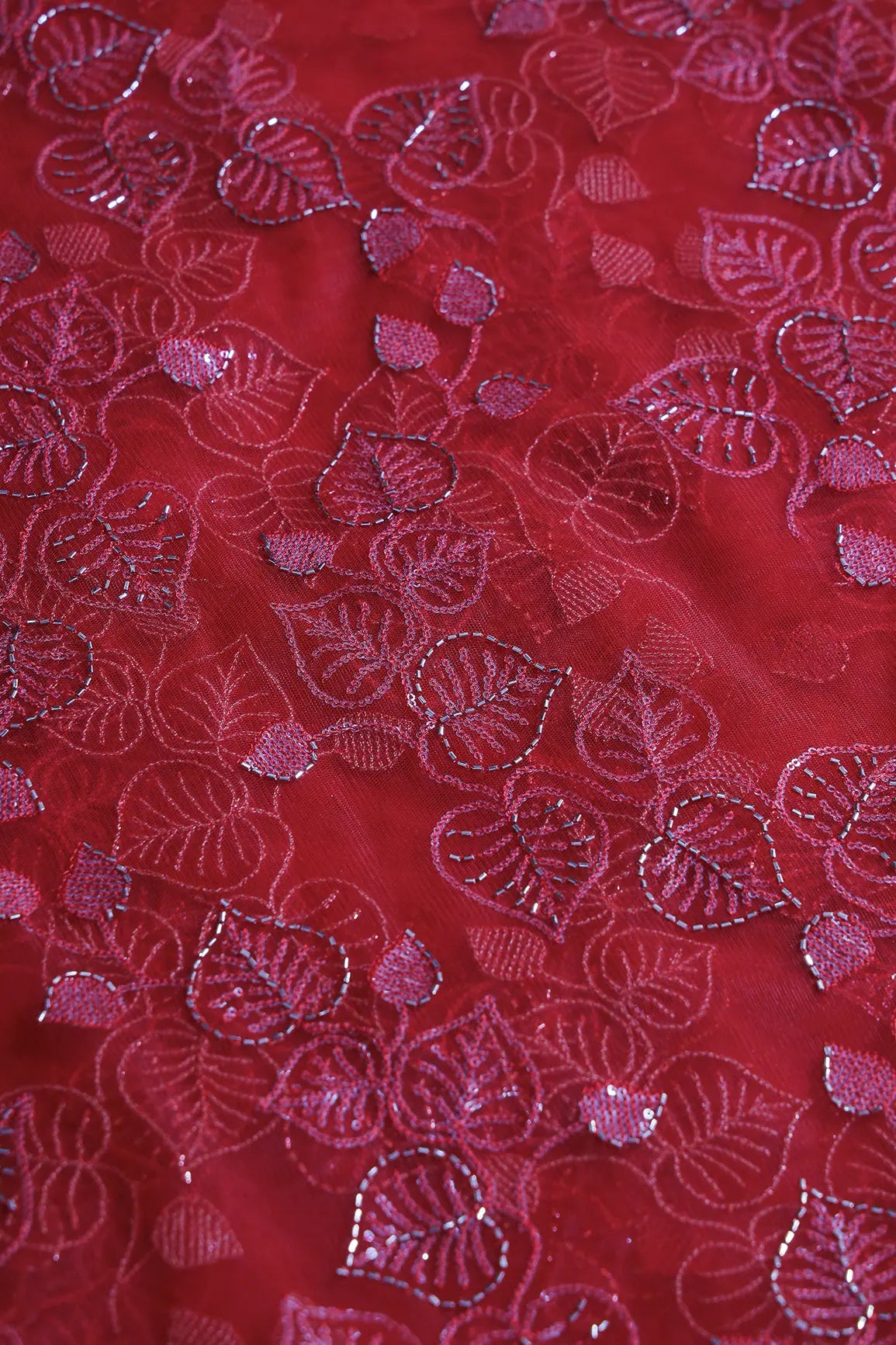 Red Thread & Gold Beads With Water Sequins Floral Embroidery On Red Soft Net Fabric