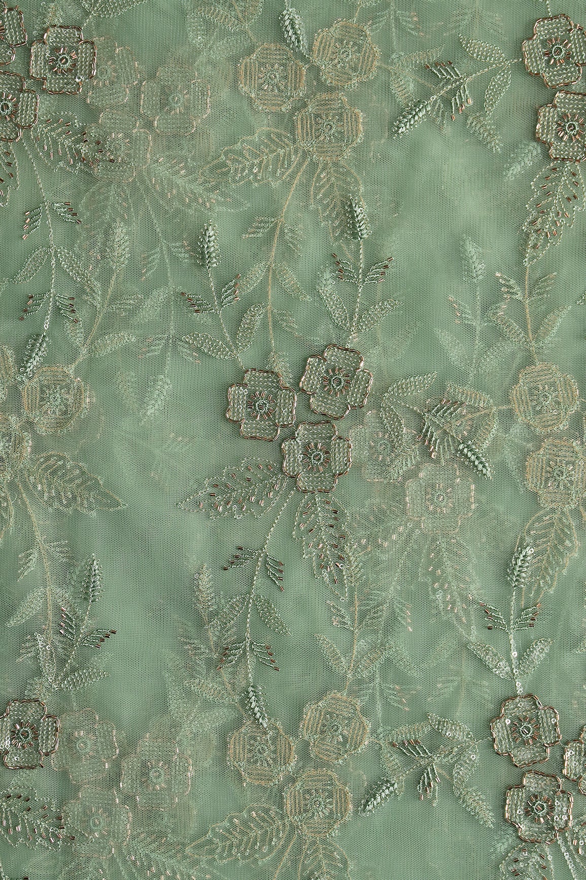 Olive Thread & Beads With Water Sequins Floral Embroidery Work On Olive Soft Net Fabric