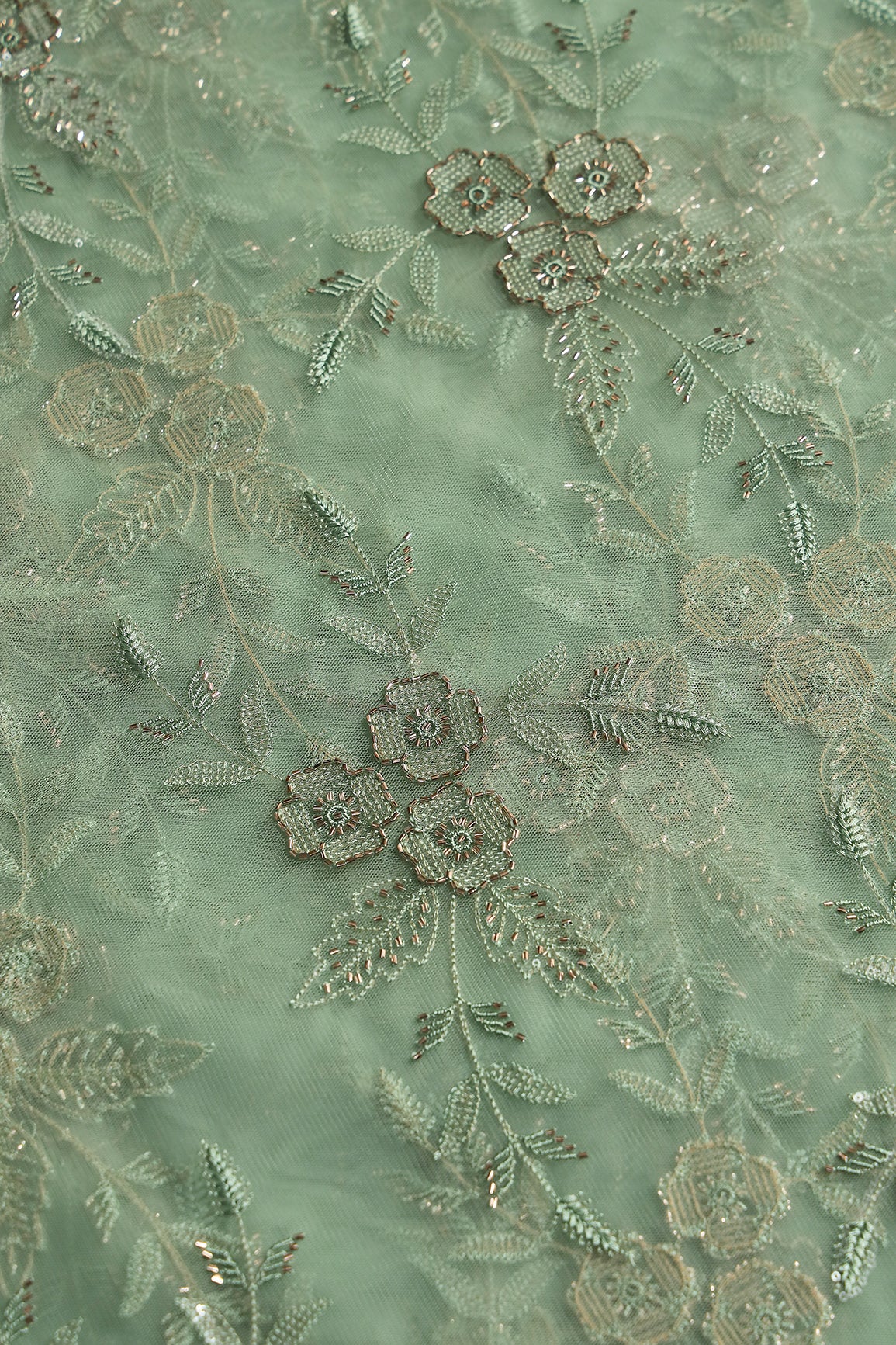 Olive Thread & Beads With Water Sequins Floral Embroidery Work On Olive Soft Net Fabric