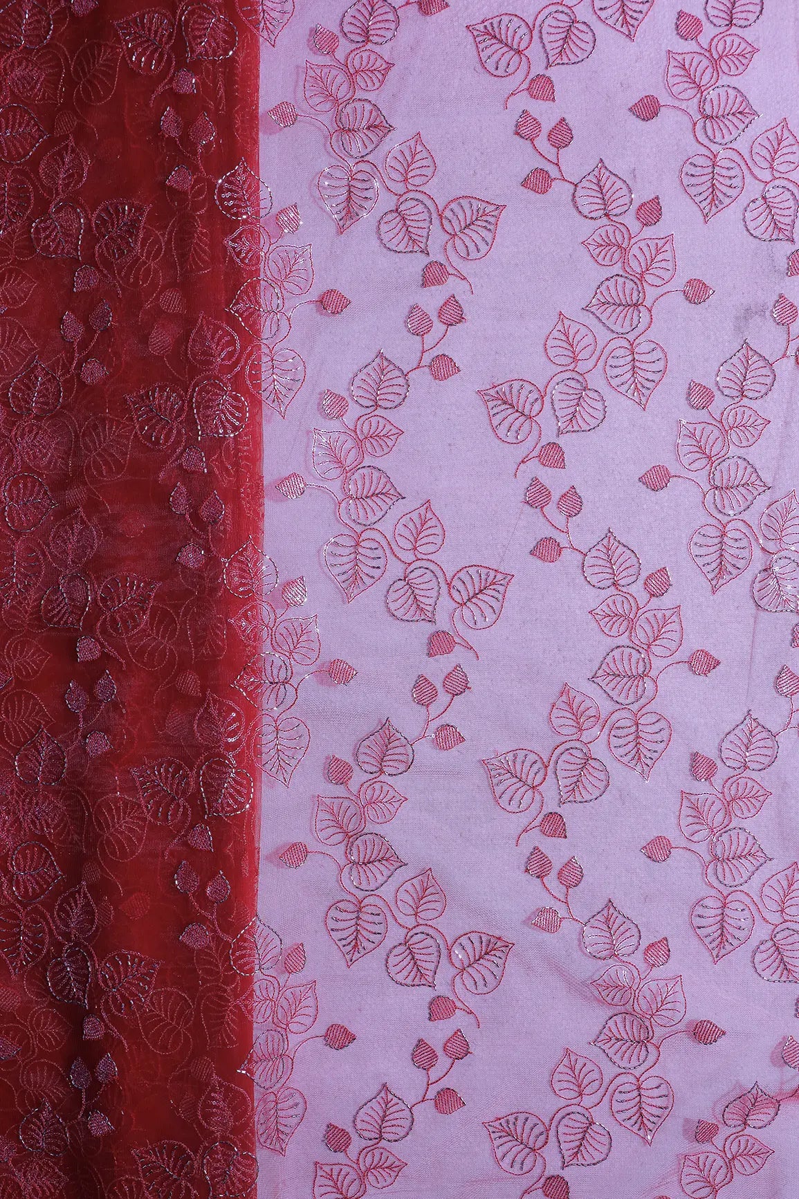 Red Thread & Gold Beads With Water Sequins Floral Embroidery On Red Soft Net Fabric