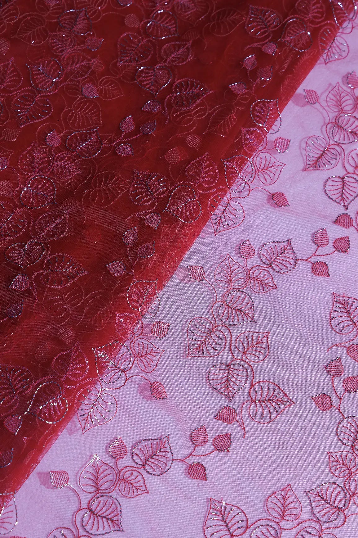 Red Thread & Gold Beads With Water Sequins Floral Embroidery On Red Soft Net Fabric
