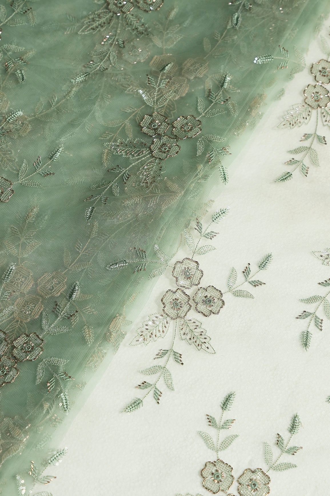 Olive Thread & Beads With Water Sequins Floral Embroidery Work On Olive Soft Net Fabric