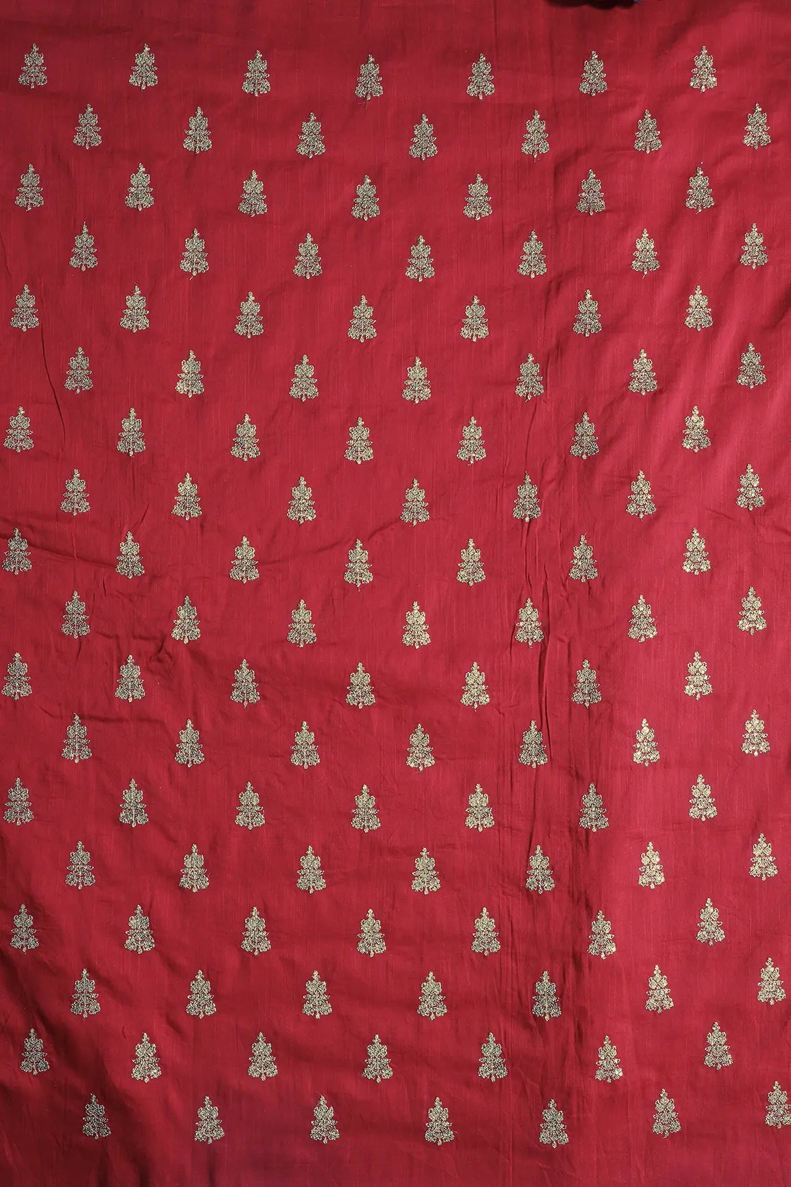 Gold Sequins With Gold Zari Big Motif Embroidery Work On Red Raw Silk Fabric