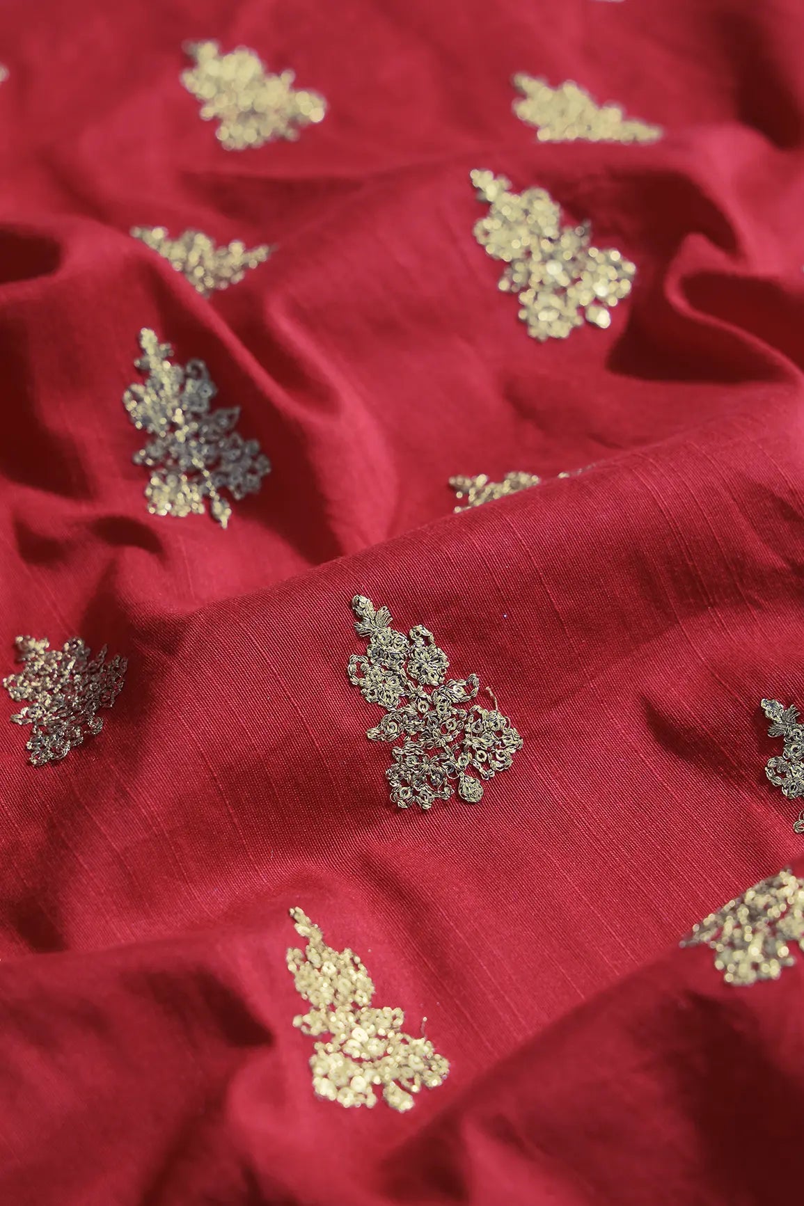 Gold Sequins With Gold Zari Big Motif Embroidery Work On Red Raw Silk Fabric