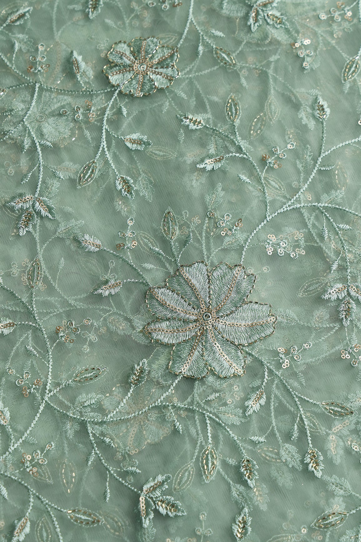 Olive Thread & Beads With Gold Sequins Floral Leafy Embroidery Work On Olive Soft Net Fabric