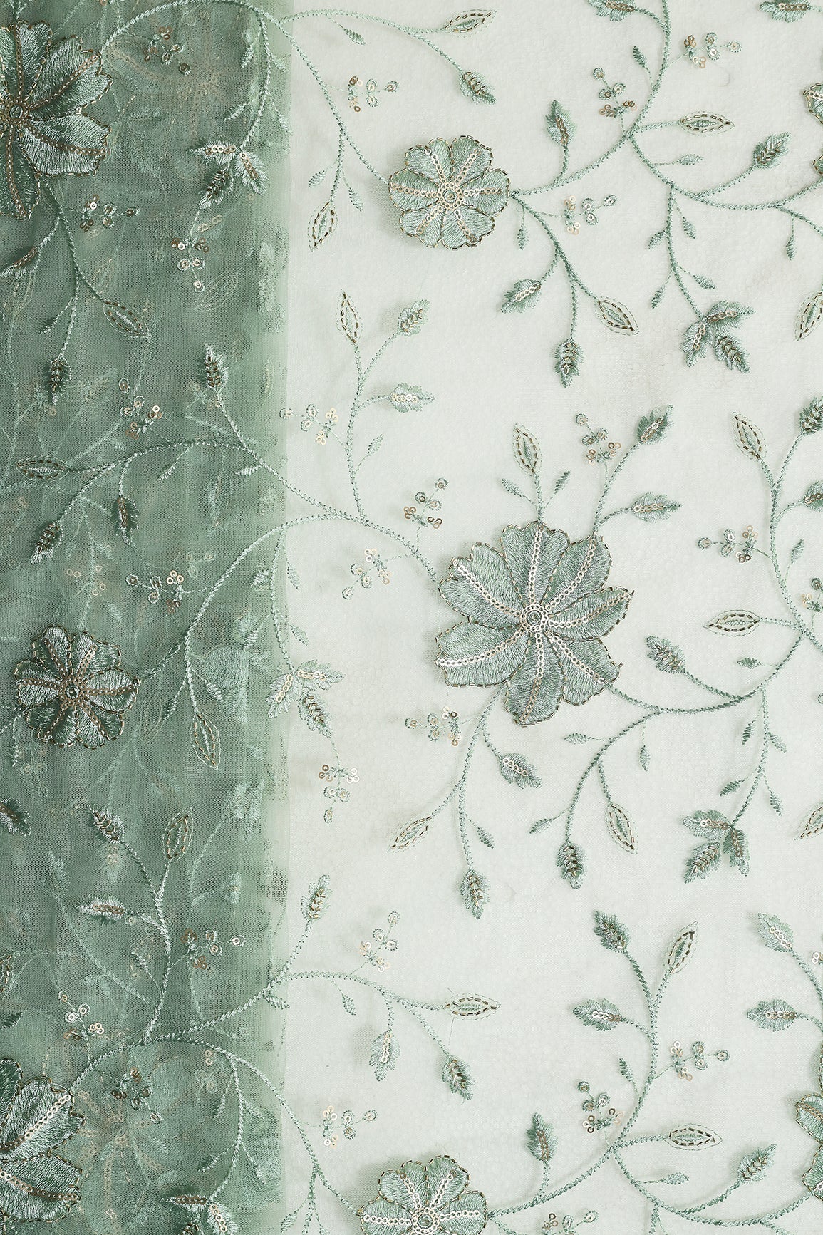 Olive Thread & Beads With Gold Sequins Floral Leafy Embroidery Work On Olive Soft Net Fabric