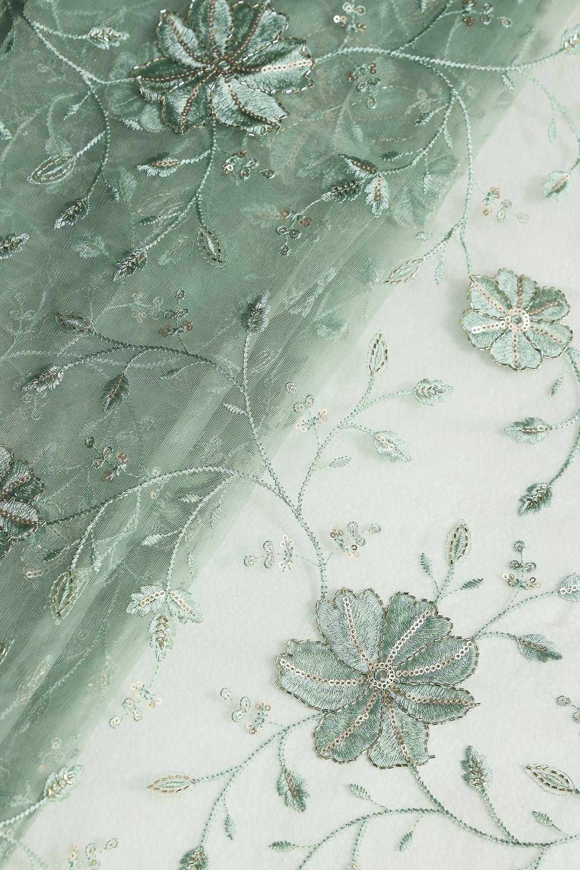 Olive Thread & Beads With Gold Sequins Floral Leafy Embroidery Work On Olive Soft Net Fabric