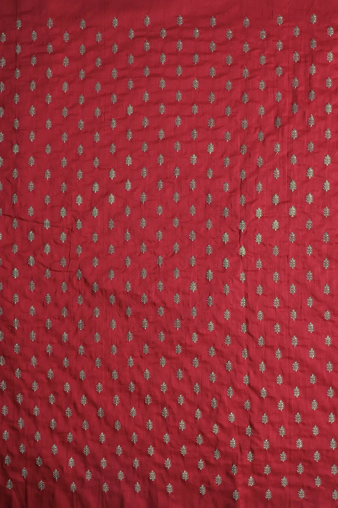 Gold Sequins With Gold Zari Small Motif Embroidery Work On Red Raw Silk Fabric