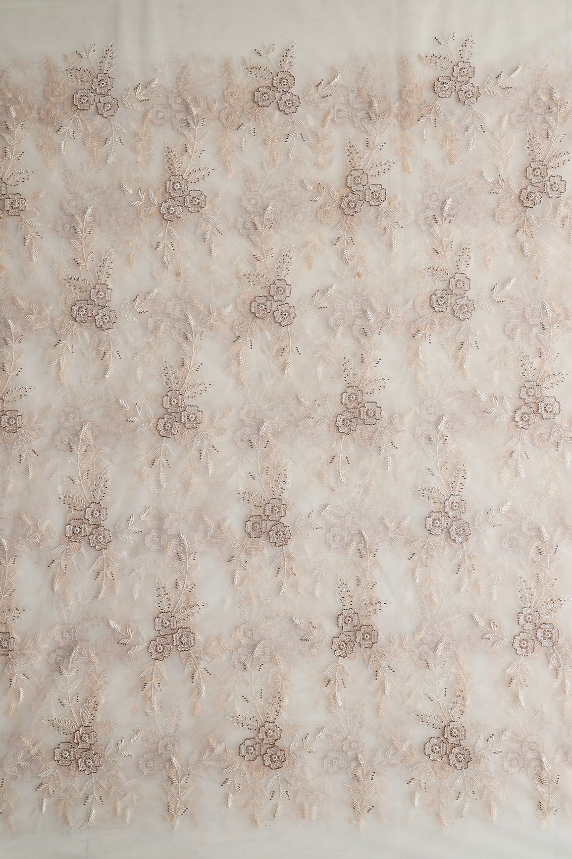 Cream Thread & Beads With Water Sequins Floral Embroidery Work On Cream Soft Net Fabric