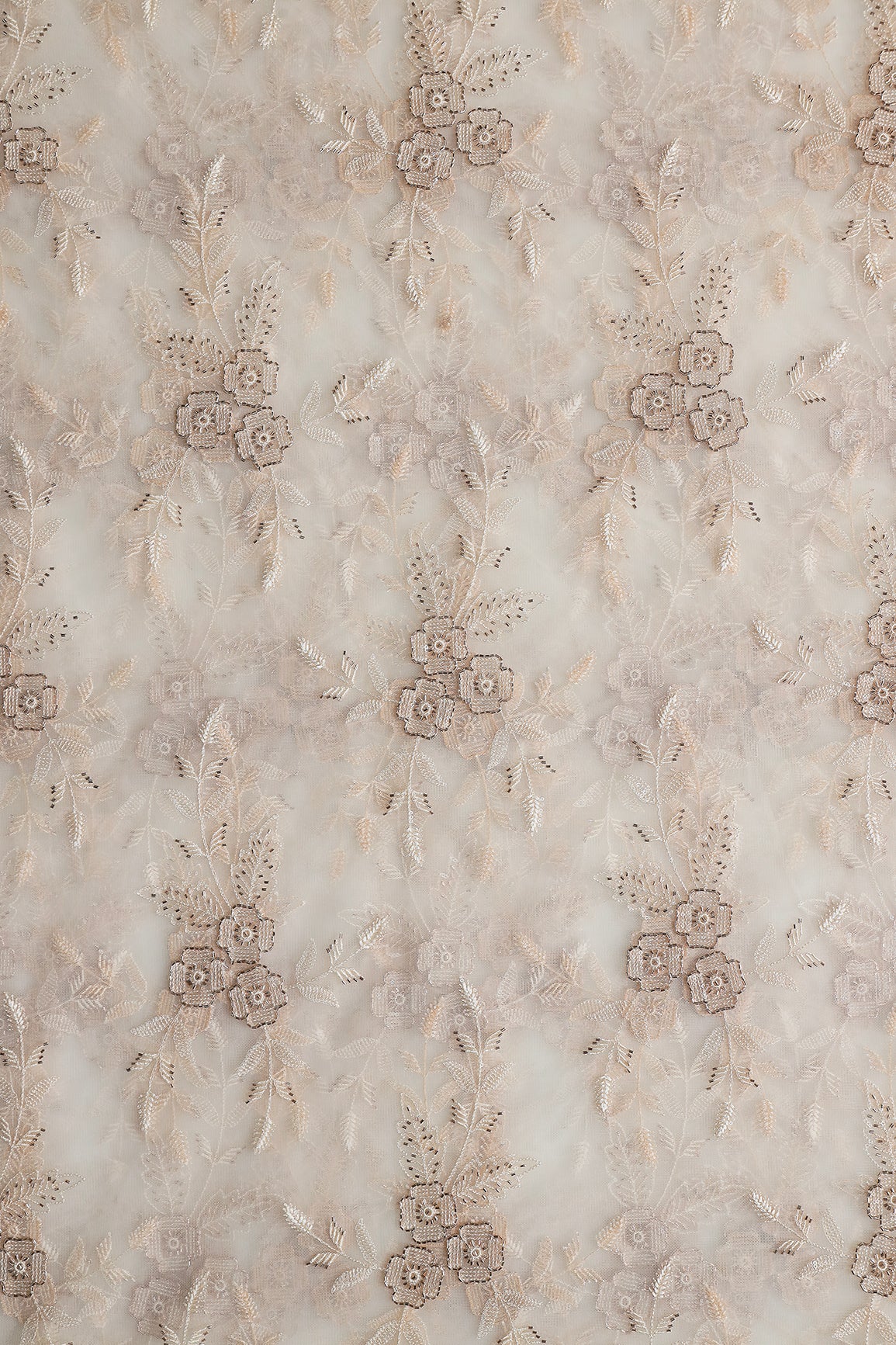 Cream Thread & Beads With Water Sequins Floral Embroidery Work On Cream Soft Net Fabric