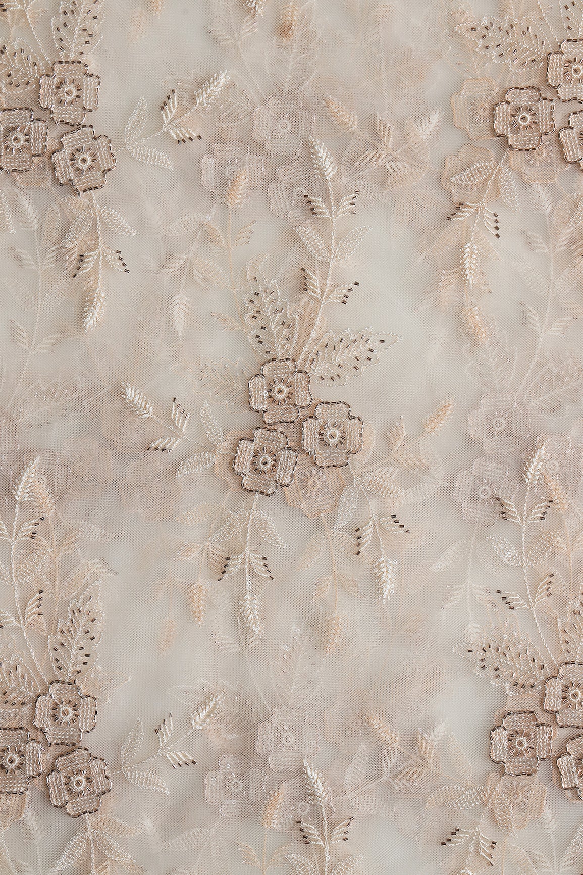 Cream Thread & Beads With Water Sequins Floral Embroidery Work On Cream Soft Net Fabric