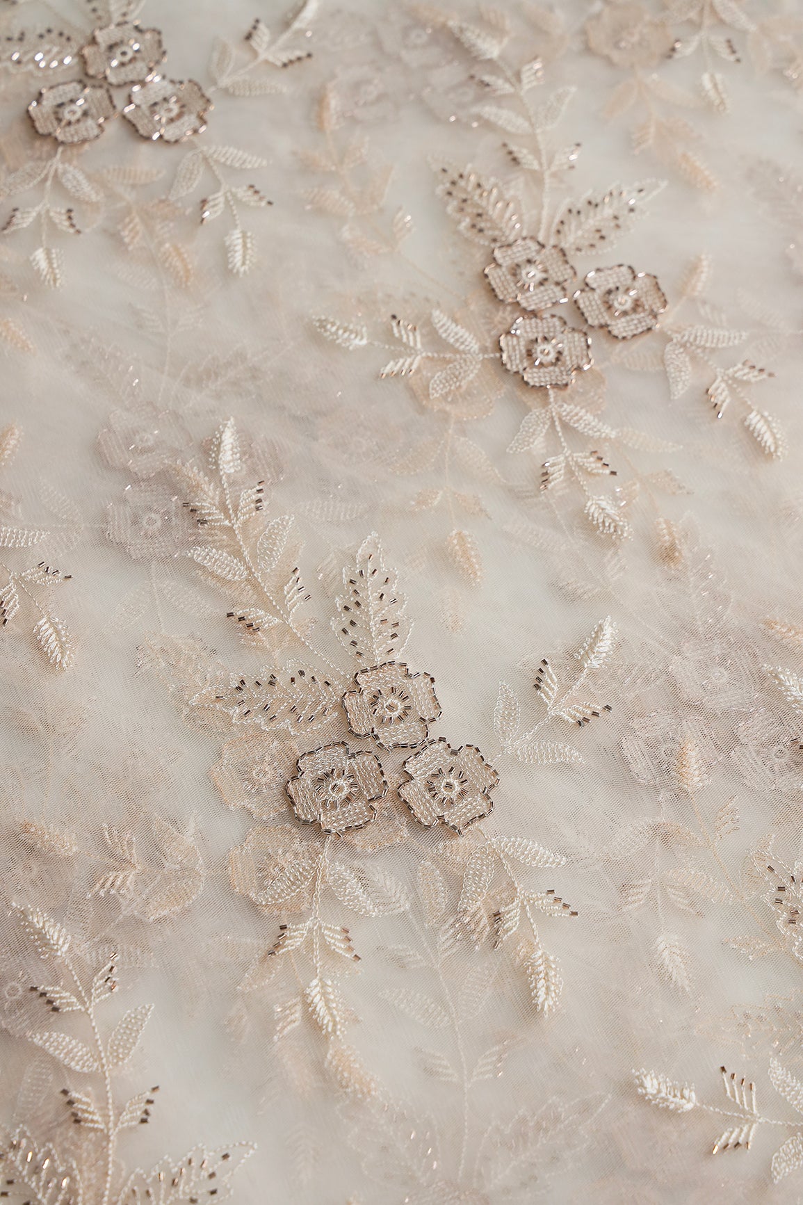 Cream Thread & Beads With Water Sequins Floral Embroidery Work On Cream Soft Net Fabric